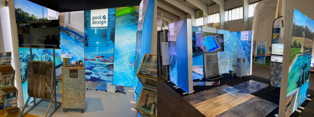 Messestand mit LED-Leuchtwänden auf Messe für Pool-Design Europaweit