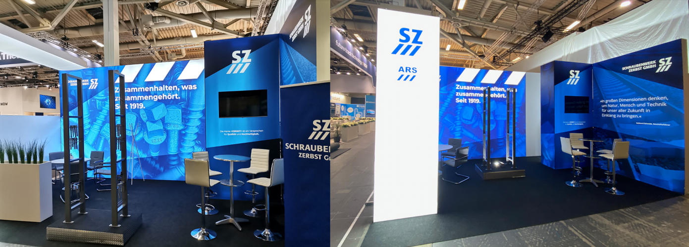 Messestand mit LED-Leuchtwänden auf Messe für Schraubenwerk Zerbst in berlin Innotrans